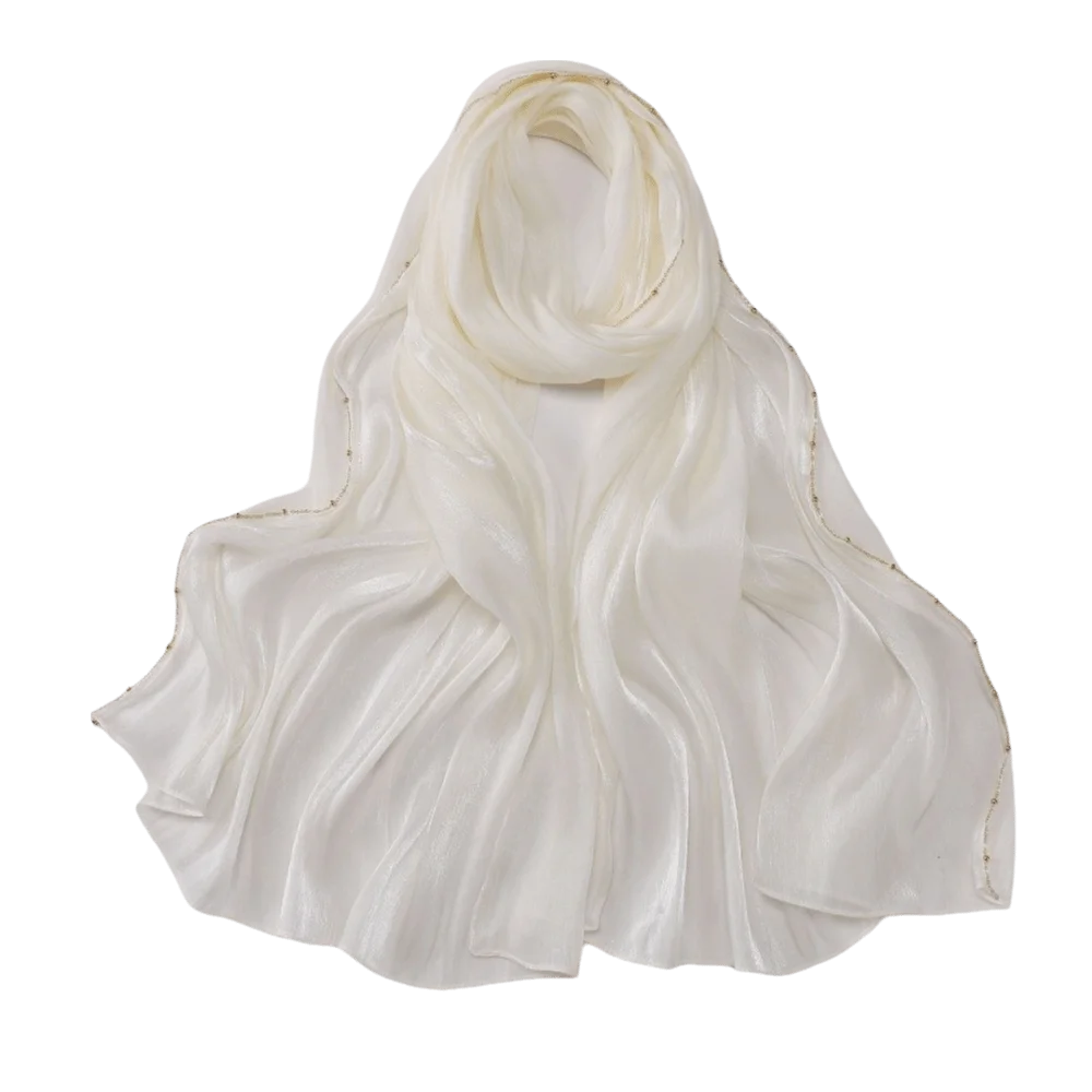 High Qulaity Solid Color Silk Scarf Shining Chiffon Chiffon Hijab Veil Soft Unilateral golden chain Ramadan Long Scarf Outdoor view 2
