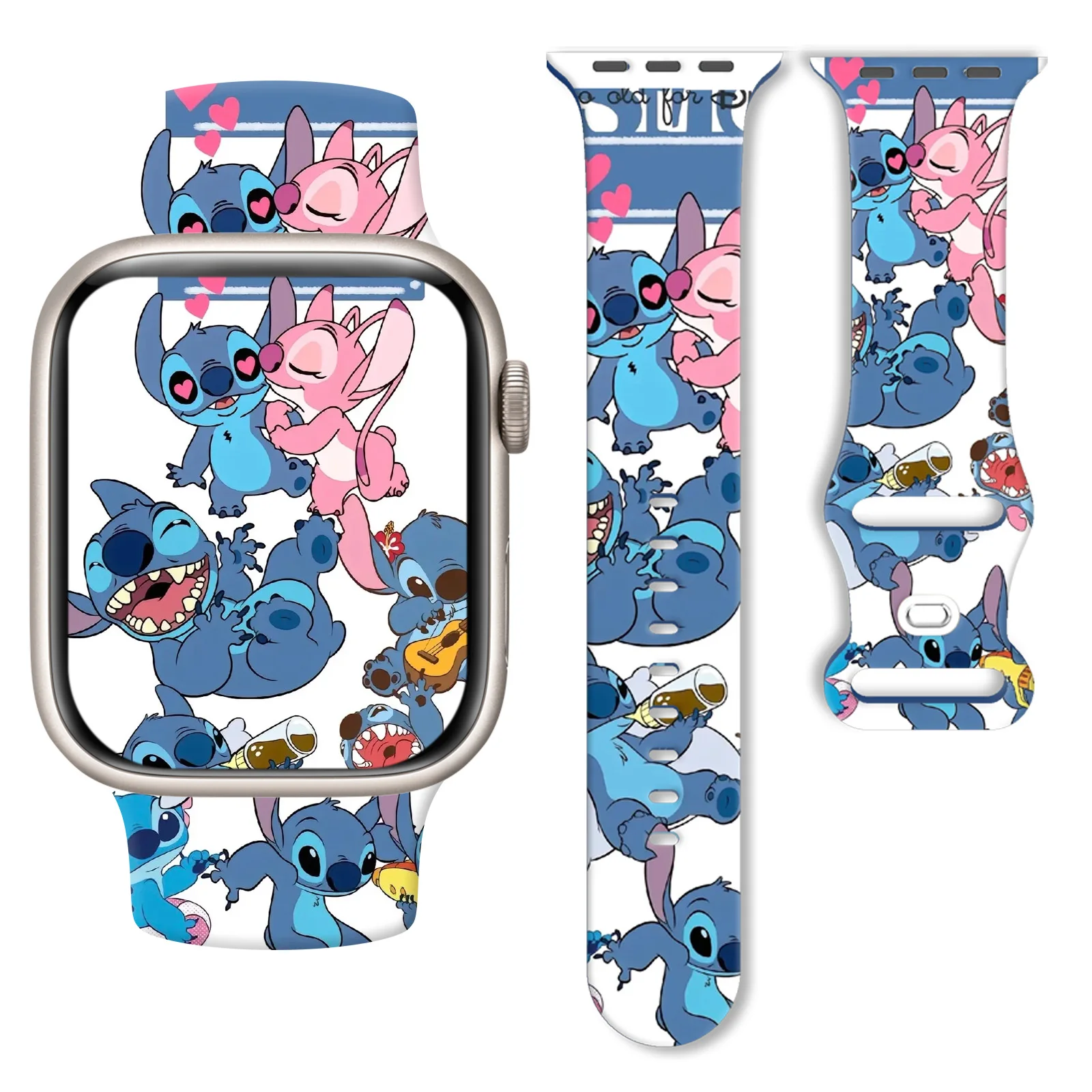 

Disney Stitch And Angel Strap for Apple Watch 11 10 9 8 Silicone Band Replaceable Bracelet for iWatch 46/44/42/41mm Watchband