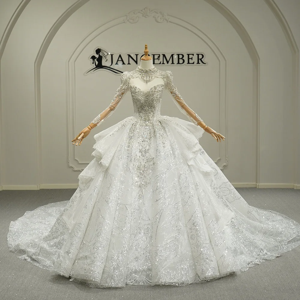 

Customized 2026 Classic High-neck Wedding Dress Sparkly Sequins Bridal Gown Bride Robe Vestidos De Novia Illusion Long Sleeves