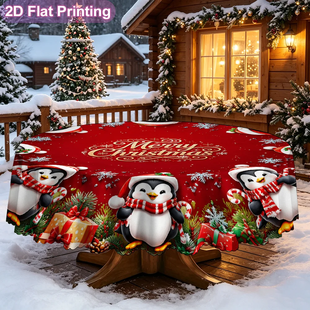 1-Piece Round Penguin Wreath Tablecloth with Penguin and Wreath Pattern