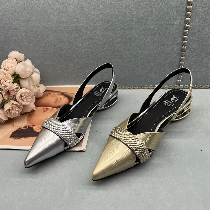 

Women Heeled Sandals Pointed Toe Leather Shoes Sexy Slippers Summer 2026 Designer Chunky Office Shoes Slingback Slides Zapatos