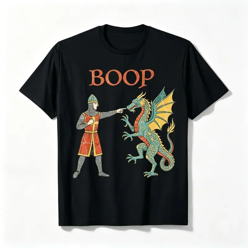 Boop Medieval Knight & Dragon T-Shirt for Men & Women - Funny Suitable for - Casual Wear, Themed Events, Renaissance Fairs, Costume Parties - Machine Washable Graphic Tee with Knight Dragon