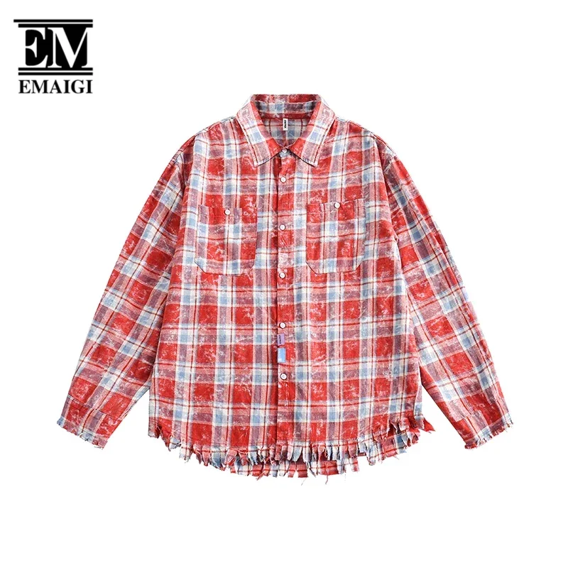 Men Streetwear Fashion Loose Casual Broken Edge Red Plaid Long Sleeve Shirts Women Shirt Boys Girls Y2k Clothes Unisex Blouses