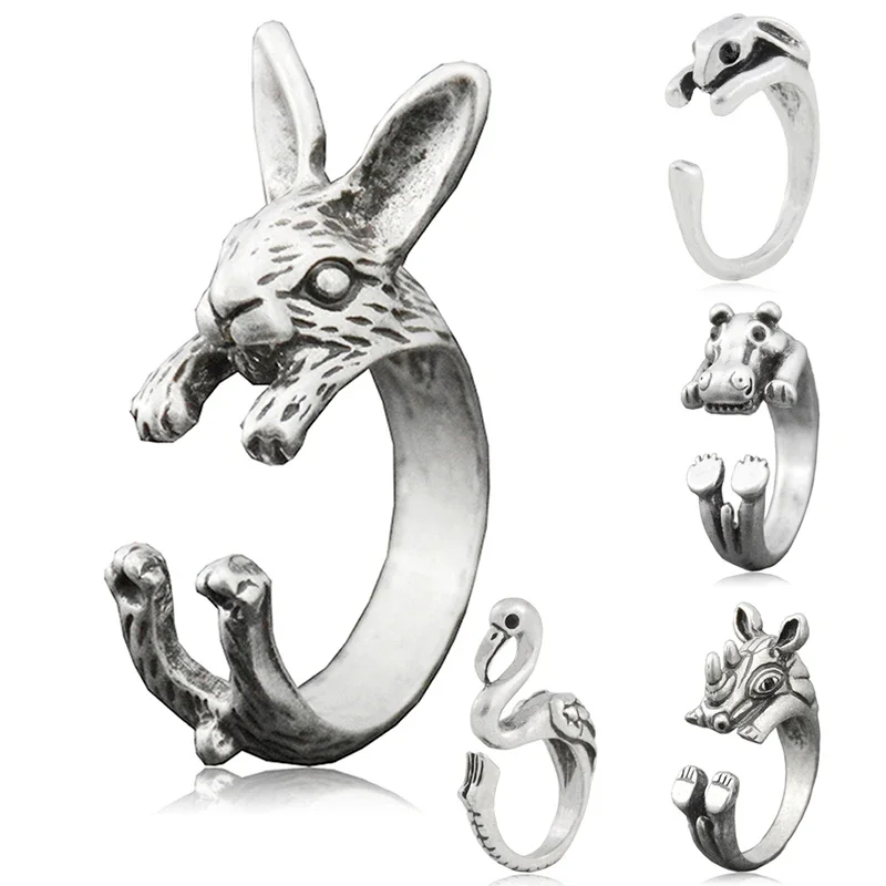 5 Styles Funny Rabbit & Bunny & Hippo & Rhino & Flamingo Metal Warp Rings For Women Adjustable Animal Couple Ring Girls Jewelry