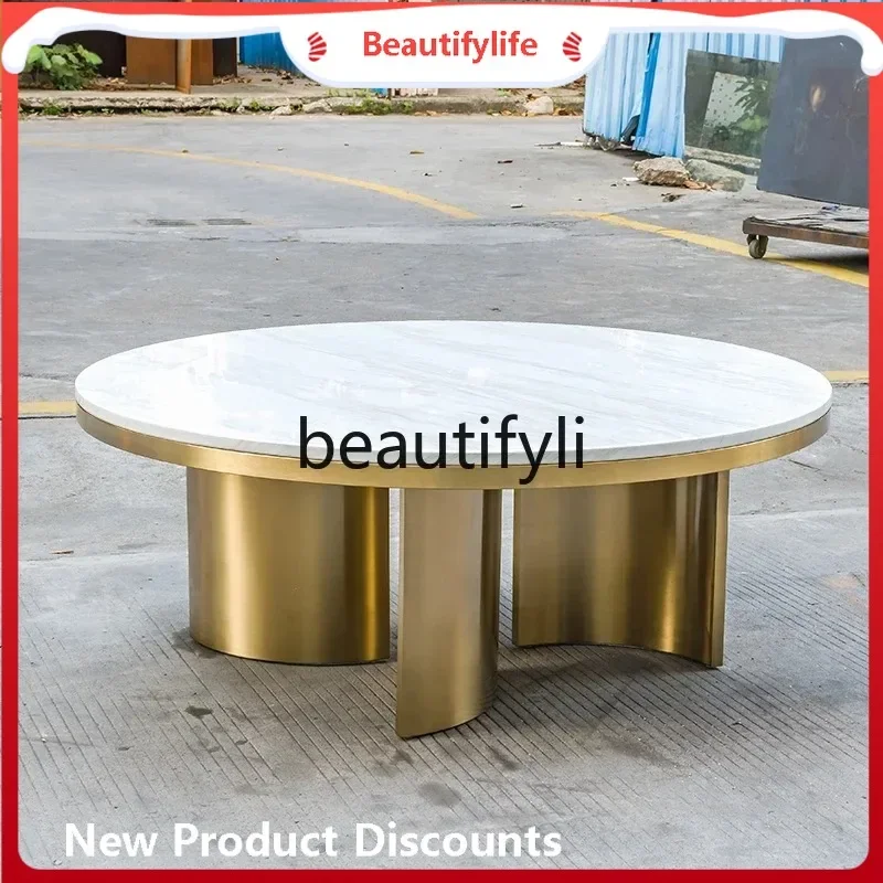 

Light luxury stainless steel brushed gold round table marble model room custom personalized coffee table