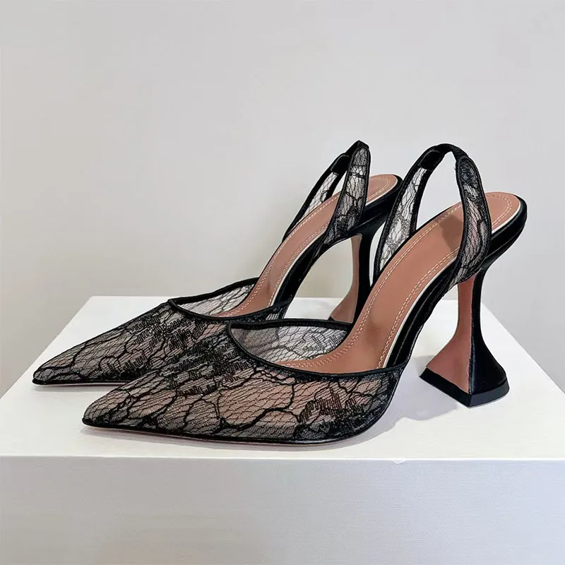 

New High Heels Shoes For Woman Party Slingbacks Shoes Women Pointed Toe Sandals Summer Lace Modern Pumps Women