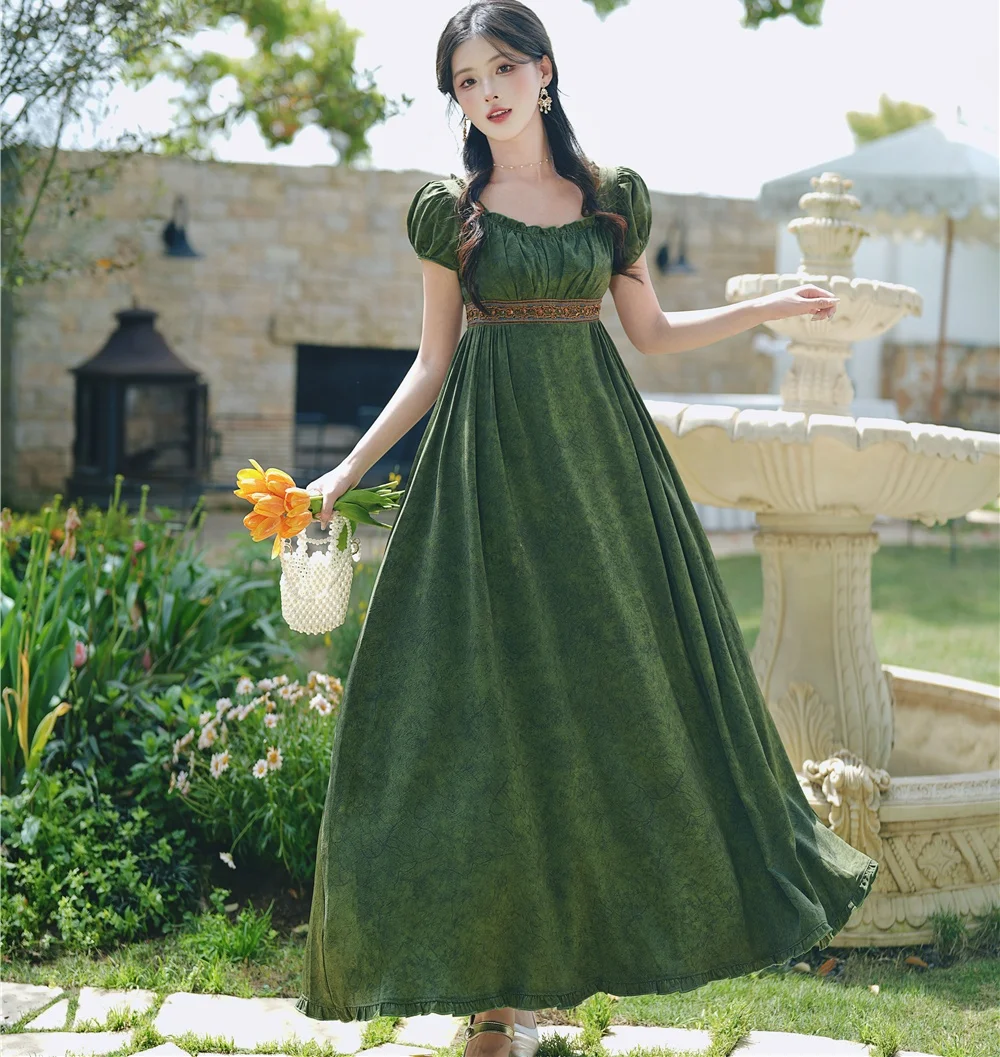 princess cottagecore dresses Retro French Woman Green Dress For Garden Party Summer Vintage Royal Style Puff Sleeve Dress Vestido Festa Anna Kendrick Wears LaQuan Size:8 US Women (5 UK/AU) Chain Adorn Wedding dress Nice fabric and good