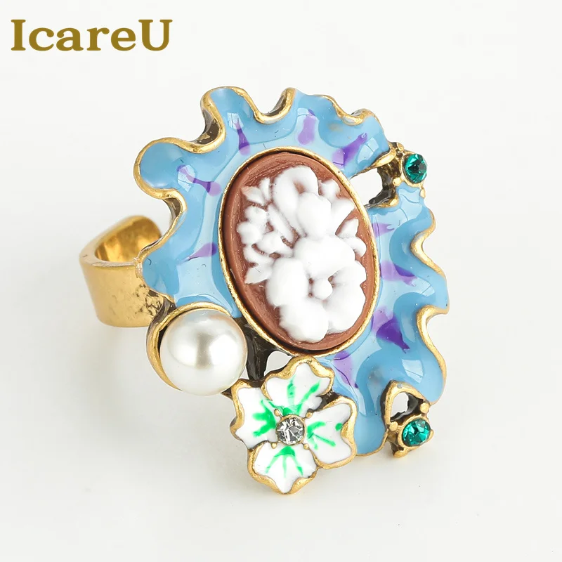 

Vintage Jewellery Blue Relief Flower Rings For Woman Pearl Painting Oil Petals Valentine Day Gift For Girlfriend 2025 Gold Color