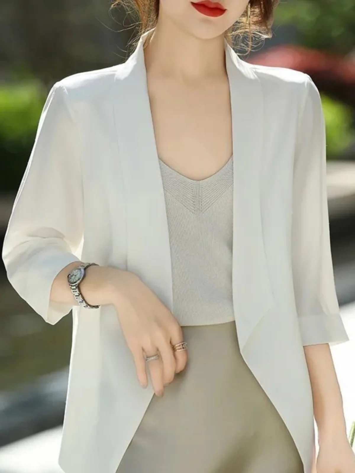 Slimming Thin-Style Women's  Jacket Three-Quarter Sleeve Classic Collar Loose Fit Polyester Fabric Fashionable Autumn Wear