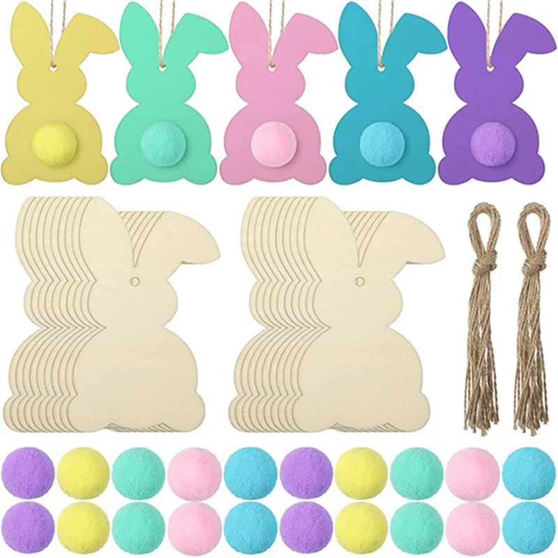 

20Pcs Easter Bunny Hanging Ornaments Unfinished Wooden Slices Kids Gift Toy DIY Painting Crafts 2024 Easter Party Home Decor