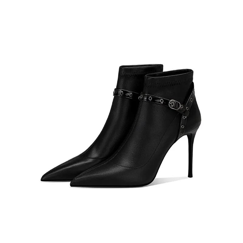 

Pointed Toe Stiletto Heel Boots Women Black Leather 2025 Spring Autumn Ankle Boots with Studs