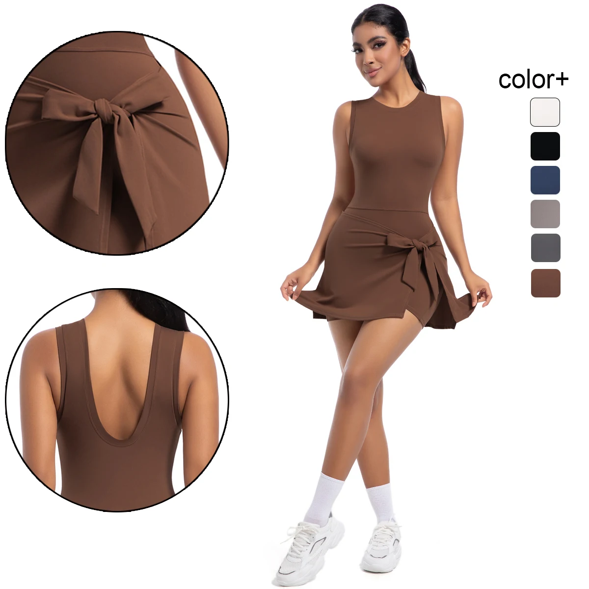 

Новые женские боди с открытой спиной, теннисная юбка для йоги, дизайн с бантом, предотвращающая утечку света, брюки-кюлоты для фитнеса, бега, комбинезон