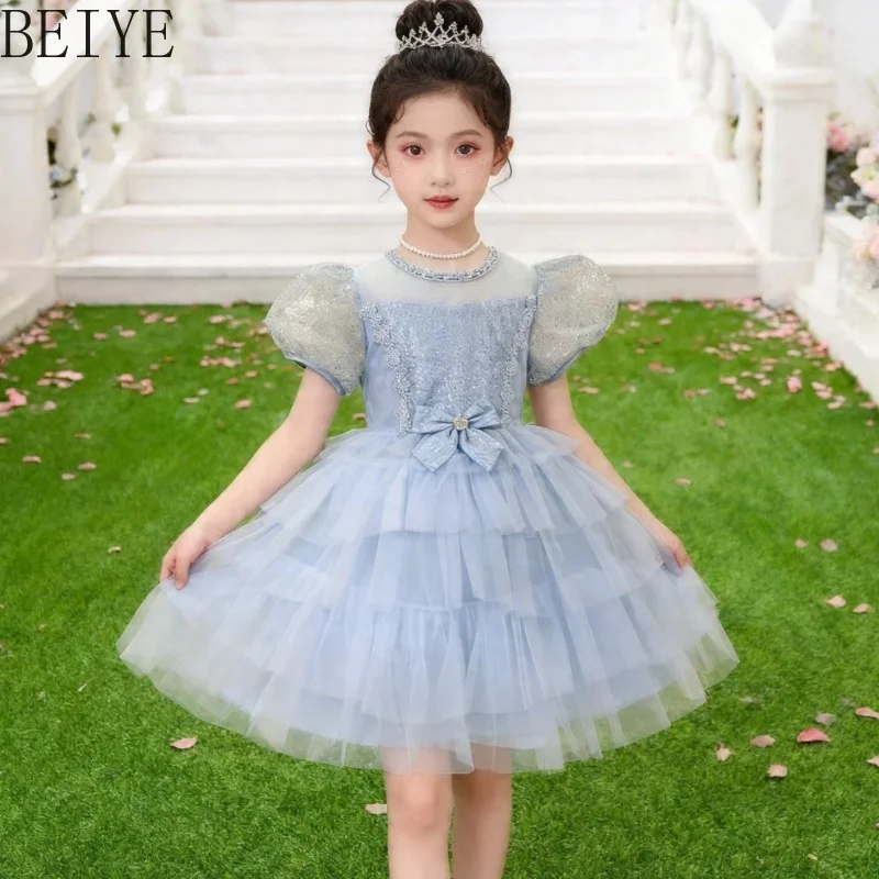 

Sequined Princess Short Sleeved Girls' Dress Fluffy Yarn High End Host Evening Dress Piano Performance Dress for Children