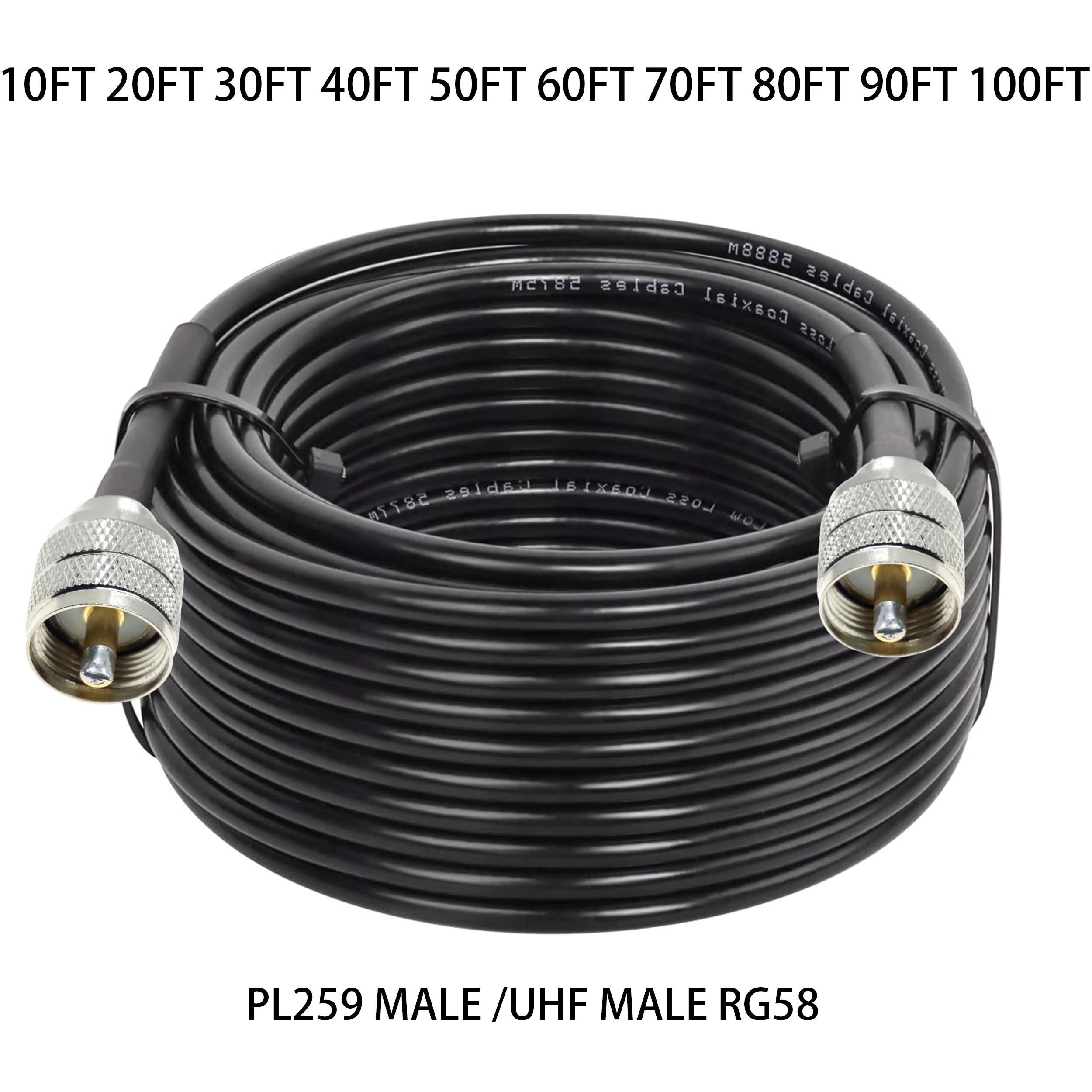 10ft 50ft 100feet RG58 coax coaxial UHF PL-259 connector To UHF Male amateur ham CB radio antenna extension cable RF Wifi jumper