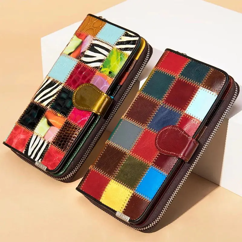 Hot Fashion Patchwork Women Purse Credit Card Long Wallet Long Purse Genuine Leather Phone Wallet Colorful Wristlets Purses Lady