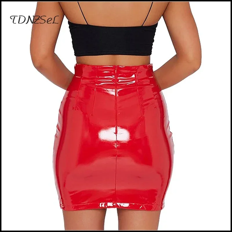 Women High Waist Faux Leather Mini Pencil Skirt Ladies Sexy Shiny PU Stretch Bodycon Short Skirts Nightclub Party Summer Custom