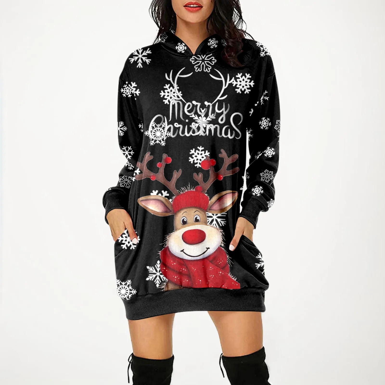 

New Merry Christmas Elk Prints Hoodies Dress Women Bag Hip Plus Size Long Sleeves Hoodies Sweatshirts Dress With Pockets Vestido