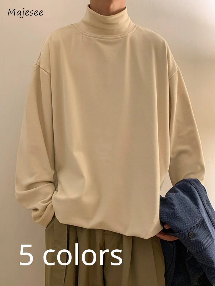 Stand T-shirts Men Solid Long Sleeve 5 Colors Spring Autumn Korean Style Stylish Unisex All-match Prevalent Slouchy Temperament