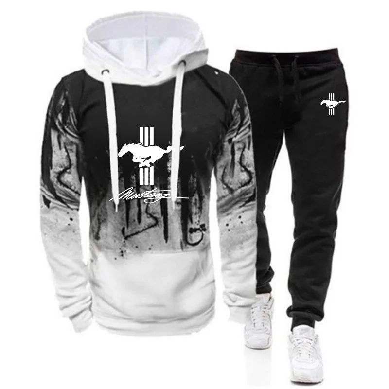 2024 Spring Autumn Mustang Logo Printed Trendy Gradient Color Hoodies Sports Set Men\'s Hooded Tracksuit+Leisure Sweatpants Suits