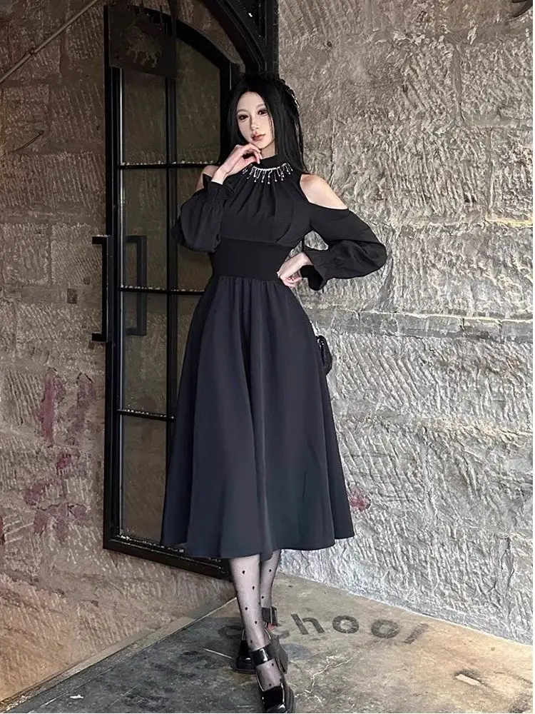 Retro Hepburn Sle Bla Dr Dames Herfst Winter Ele Long Sve High Ne Jurk oulder Bared voor loween