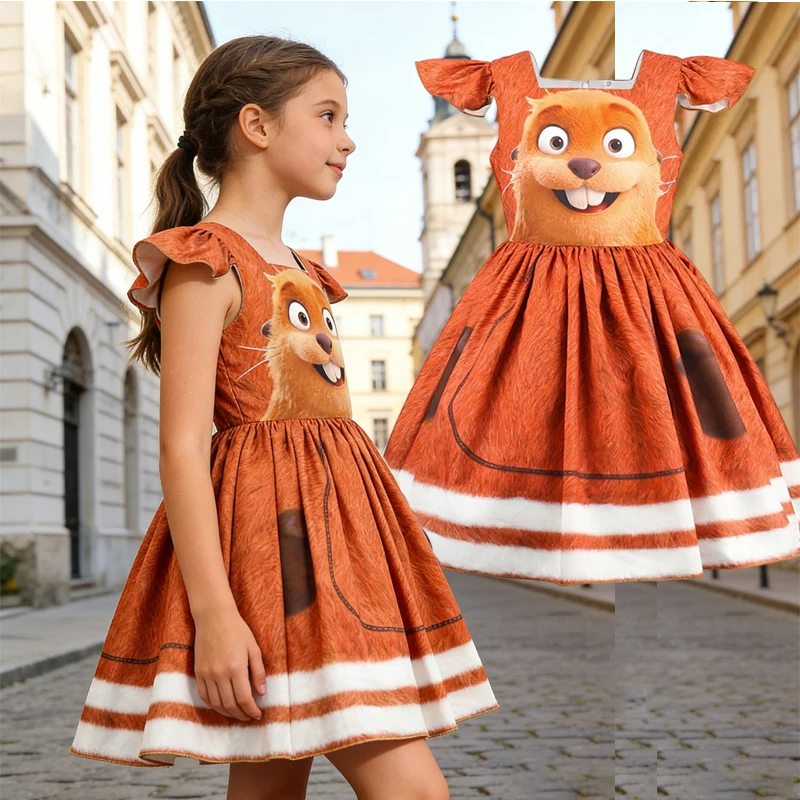 

Girls Beaver Cosplay Costume Princess Dress Stage Show Beaver Costume Printed Carnival Party Dress Summer Short Sleeves