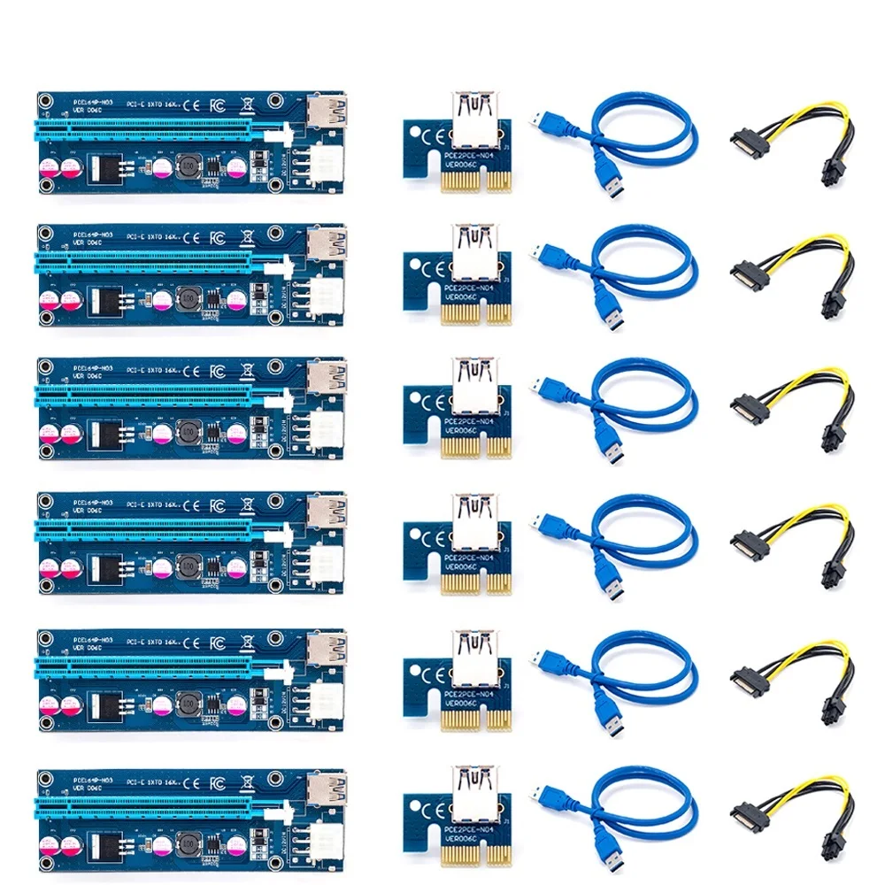 

New 6Pcs 006C PCIe PCI-E PCI Express Riser Card 1x to 16x USB 3.0 Data Cable Adapter SATA to 4Pin IDE Molex 6 pin for Bitcoin