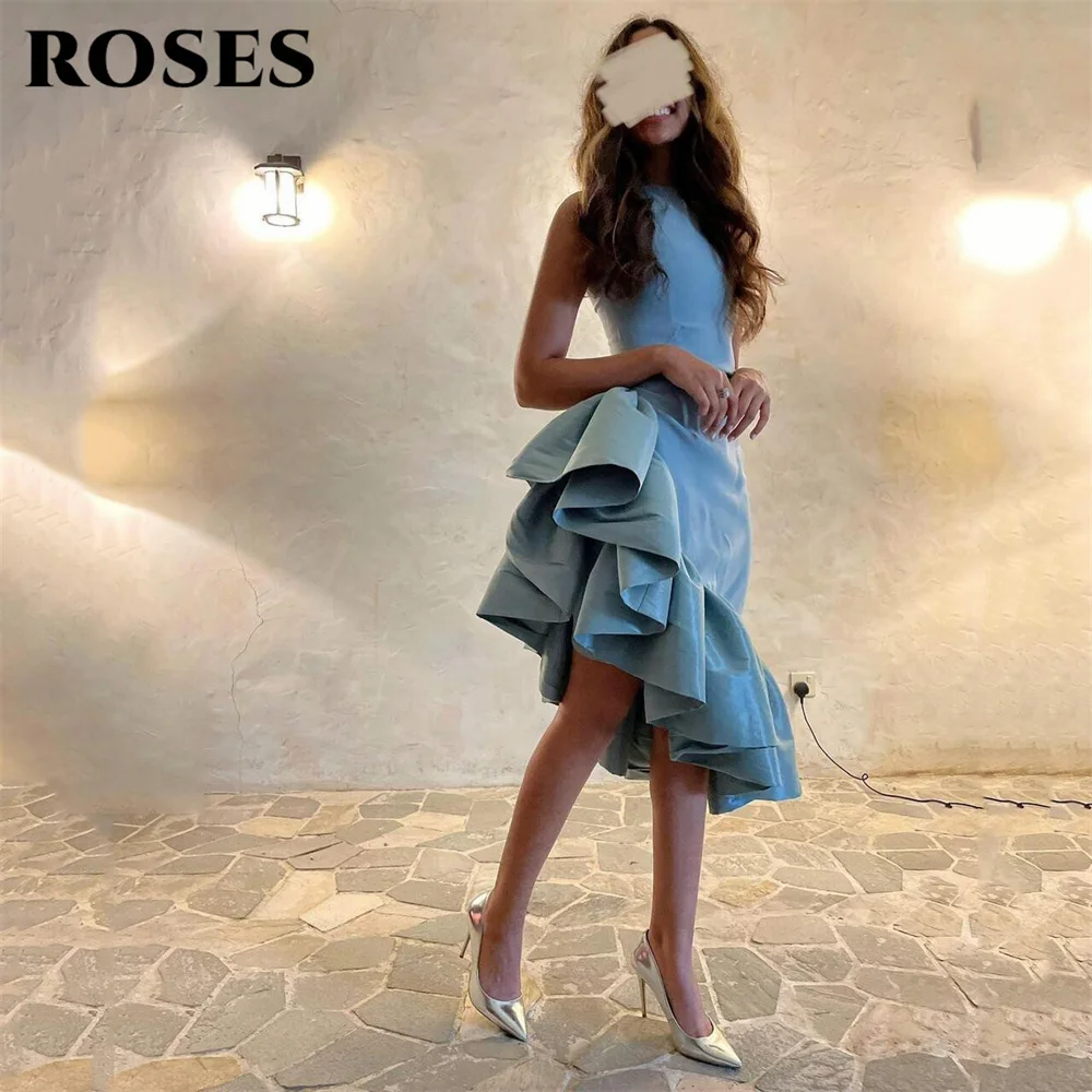 ROSES – robe de bal bleue sans manches, en Satin, col licou, robe de Gala avec volants asymétriques, robe de soirée arabe saoudienne, personnalisée
