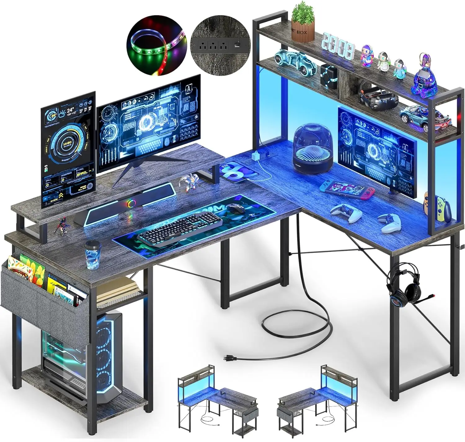 

Small L Shaped Gaming Desk with Power Outlets, 48" Reversible L Shaped LED Computer Desk with Monitor Stand & Storage Shelf, Cor