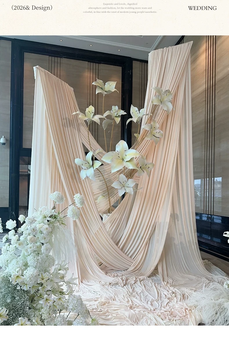 60 m lange Hochzeitsbühnendekoration, neuer Hintergrund, transparente Vorhänge aus elastischem Milchseidenstoff – Detail 11
