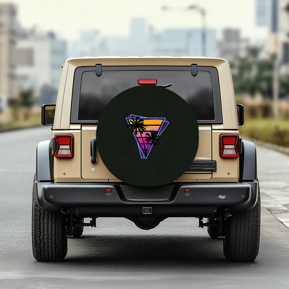 WOYUO Vintage Vaporwave Neon Palm Tree Tire Cover With Retro - Fit For Jeeps, Trucks, RVs, Campers Suitable For 38.1cm/43.18cm T