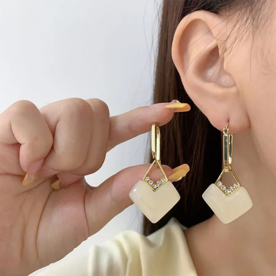 Elegant Gold Huggie Earrings, V-shaped Pave Cubic Zirconia with Cream Opal Square Pendant Drop Earrings Minimalist Daily Office Jewelry for Women