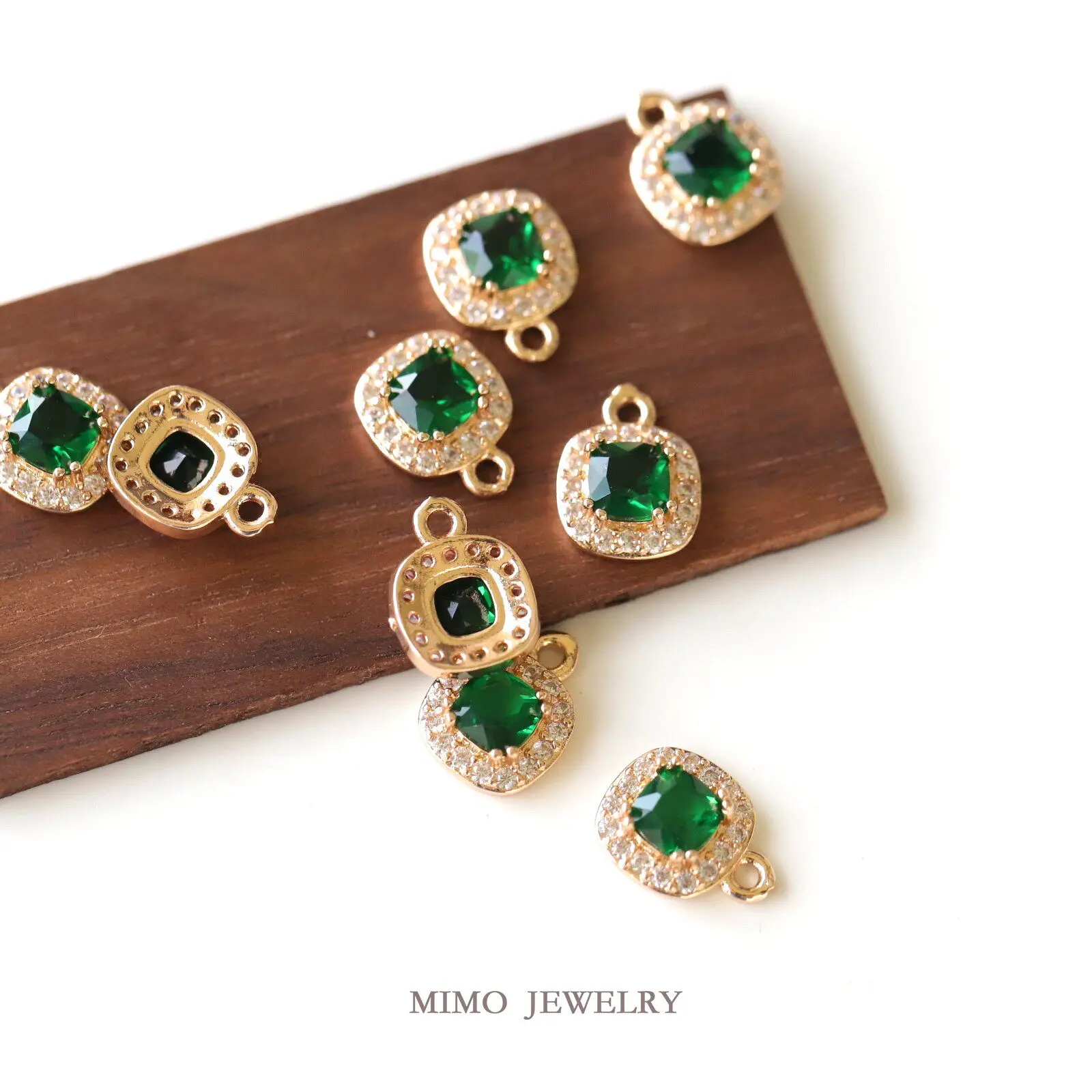 Copper Plated Gold Rectangular Water Drop Retro Emerald Zircon Edge Charms For Jewelry Making DIY Bracelet Accessories Findings