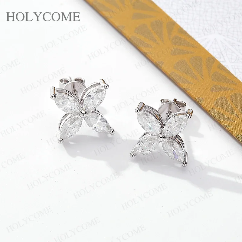 Moissanite Earrings Marquise Cut Jewelry D Color Four-Leaf Clover One-Pair S925 Sterling Silver Plated 18K for Anniversary Gift