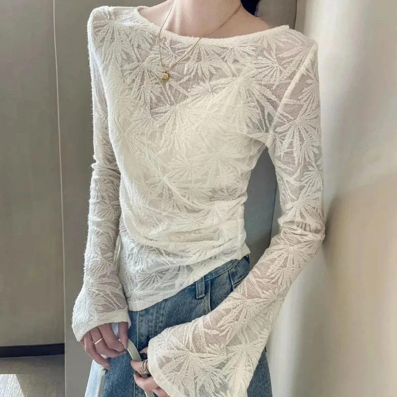 

Autumn Trumpet Sleeve Slim Fit Spring Summer Bamboo Leaf Jacquard Pleated Slim Fit Round Neck Long Sleeved Top