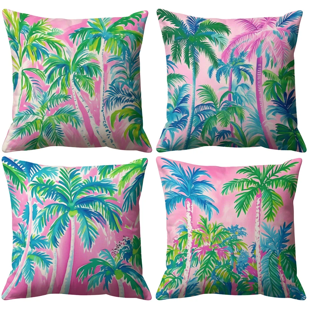 Tropical Palm Leaf Print Pillow Covers Set of 4 Polyester Throw Pillow Cases Cushion Decor Hawaiian Style Beach Accent