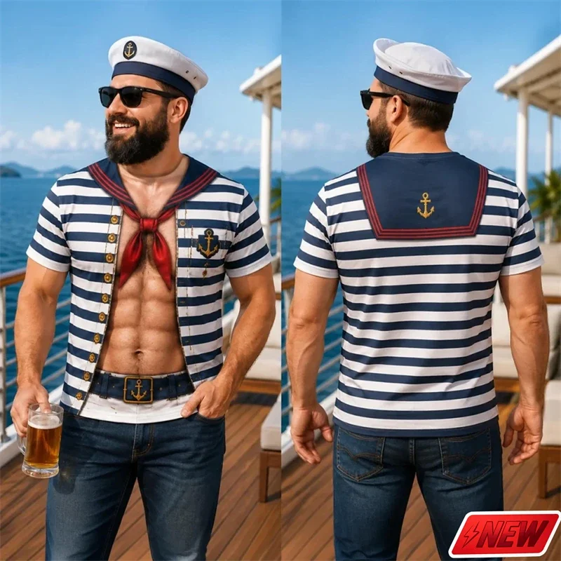 Kreatives, lustiges T-Shirt für Herren – Matrosenuniform, Piratenschädel, Schiff, Anker, 3D-Druck, große Größe, kurzärmelig – Kostüm-Party-Oberteil – Detail 24
