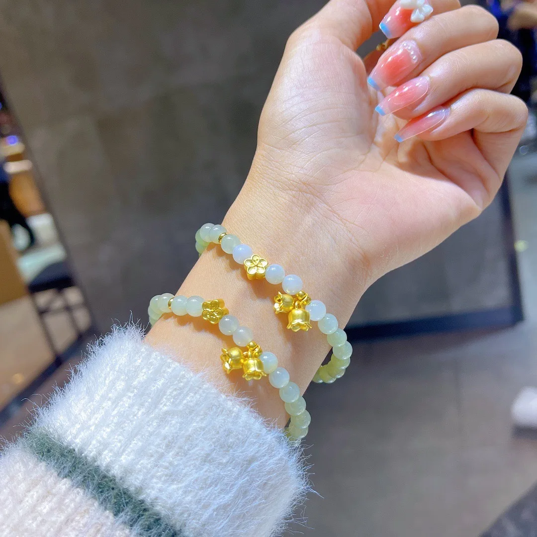 Gradient Qing Shui Hetian Jade Round Bead Bracelet, Vintage Silver Two Worlds Joy Bracelet, Chinese Style Women Jewelry