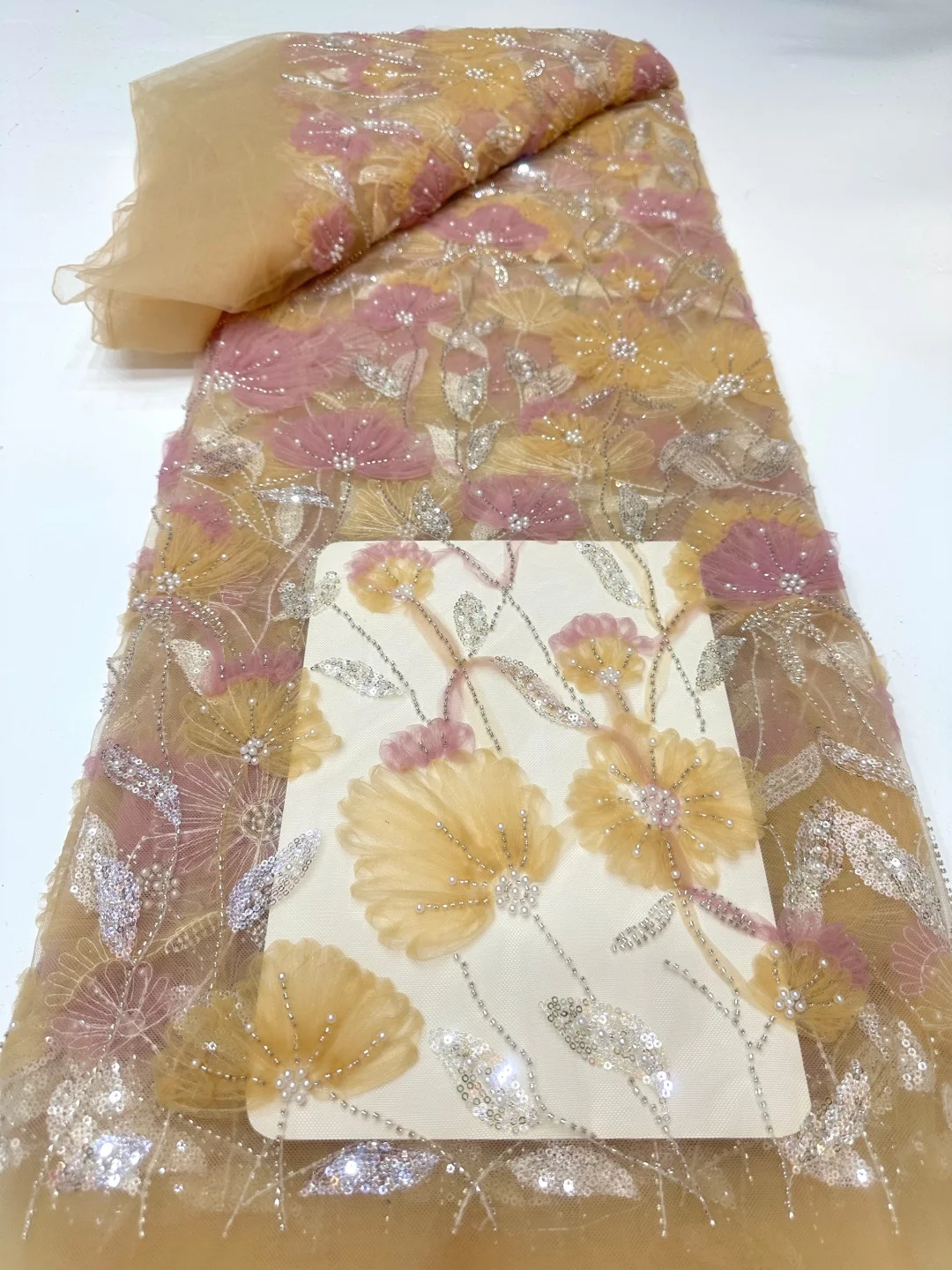 

3D Flower Lace Fabric 2026 High Quality French Beaded Embroidery Tulle African Fabrics 5 yards for Wedding Party Dress Sewing