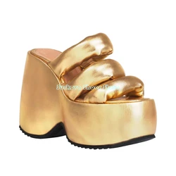 Surkova Gold Chunky Heel Thick Sole Slippers Fashion Solid Wedges Height Increasing Shoes Big Size Round Toe Women Slides