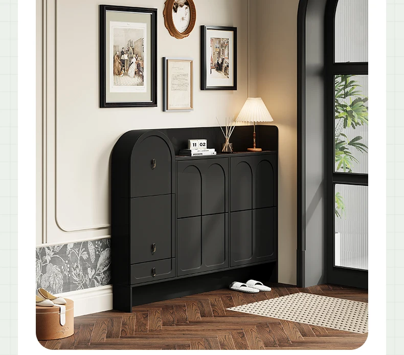 

American retro shoe door against the wall French tipping bucket extremely narrow black shoe changing stool integrated