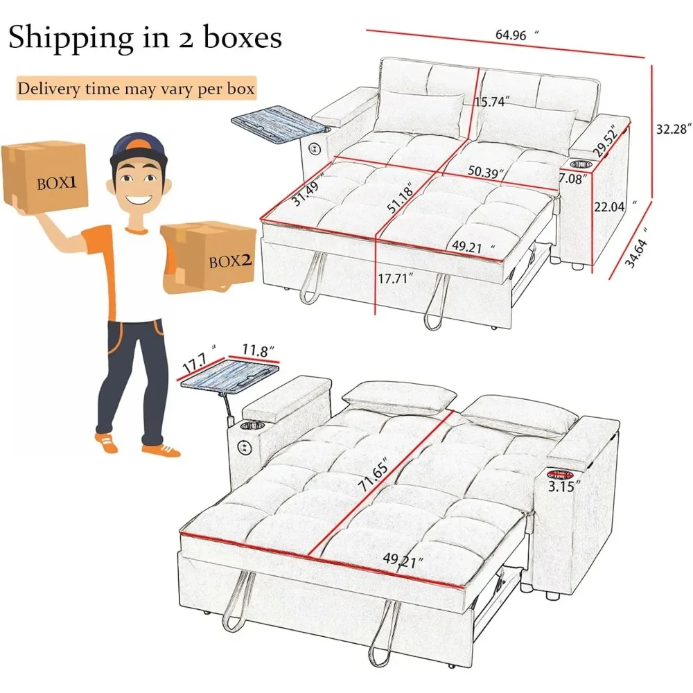 65''3-in-1 Convertible Sleeper Queen Sofa Modern Chenille Fabric Sofa Pullout Sofa 360 Degree Swivel Side Table,Easy to Assemble image 2