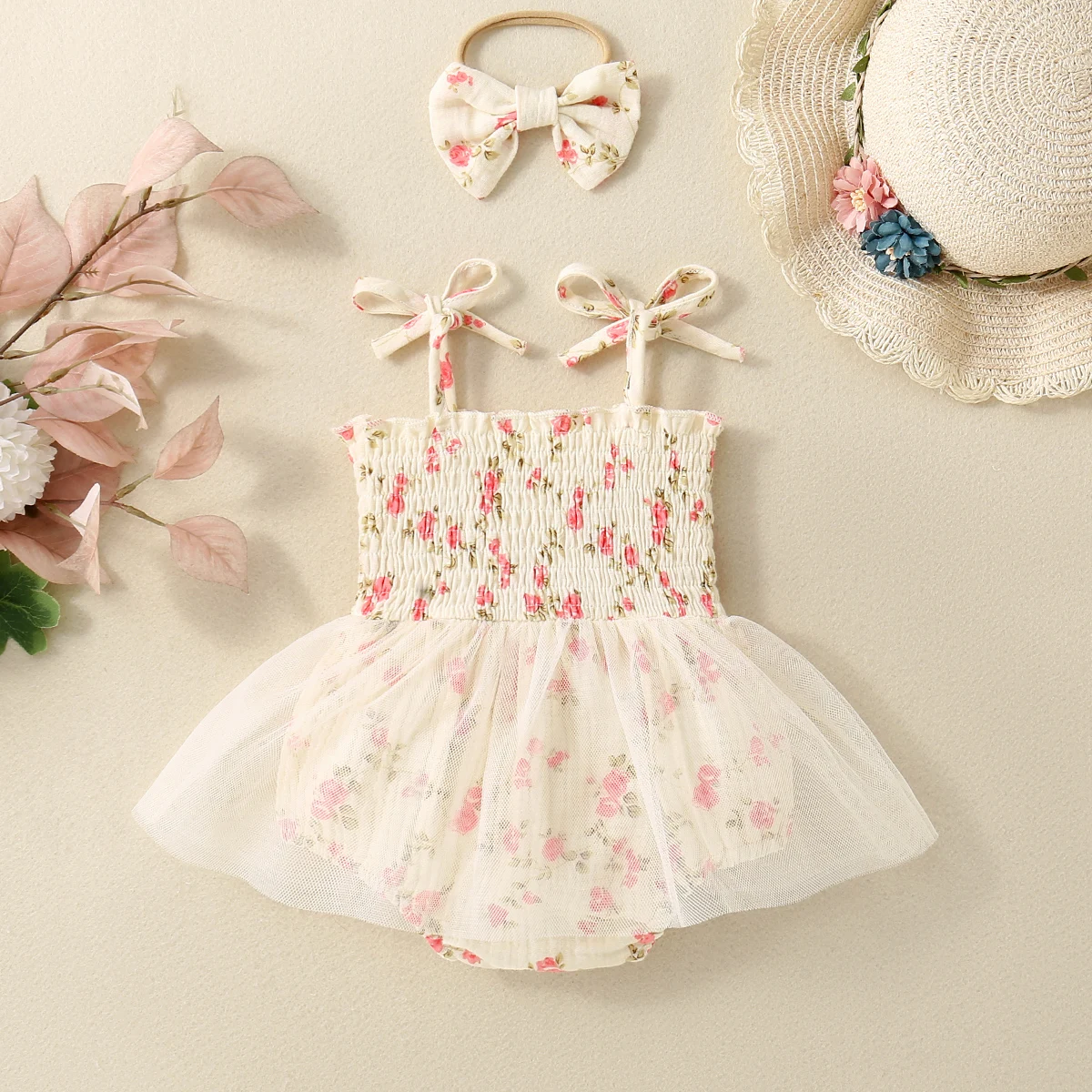 Summer Infant Girl's Dress Set with Embroidered Bodysuit And Butterfly Knot Decoration Sweet And Cute Two-Piece Outfit