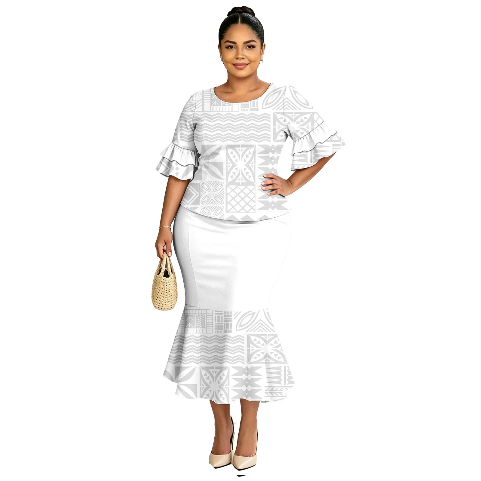 Upscale Boutique Clothes Polynesian Island Dress Pacific White Sunday Tapa Fiji Tribal Design Samoan Puletasi 2pc Set for Women