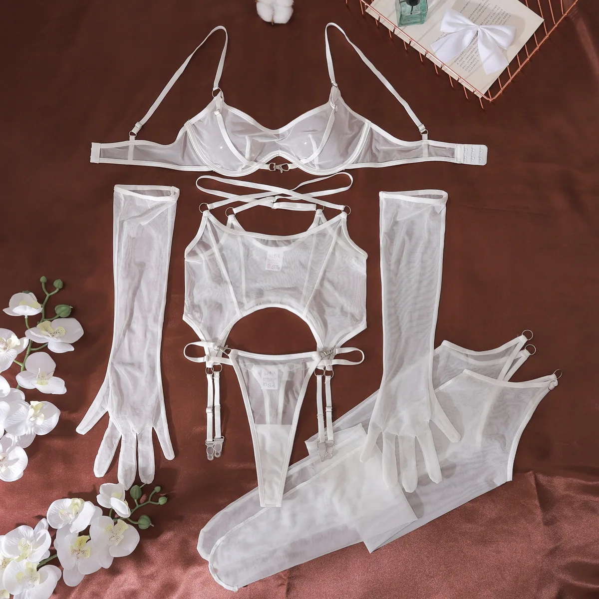Sexy Mesh Breathable Lingerie Stockings Women's Shaping Ultra-thin Split Underwear Set Female Solid See Through Bra & Brief Sets image 6