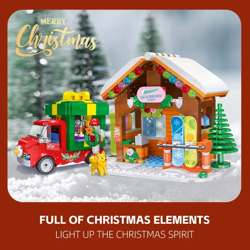 Christmas City Street View Building Blocks Cream Cart Snowman Skateboard Shop Gift Car Model Bricks Decoration Christmas Gifts