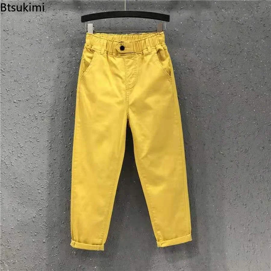 

New Spring Summer Women Casual Harem Pants All-matched Casual Cotton Denim Pants Elastic Waist Solid Yellow White Jeans Female