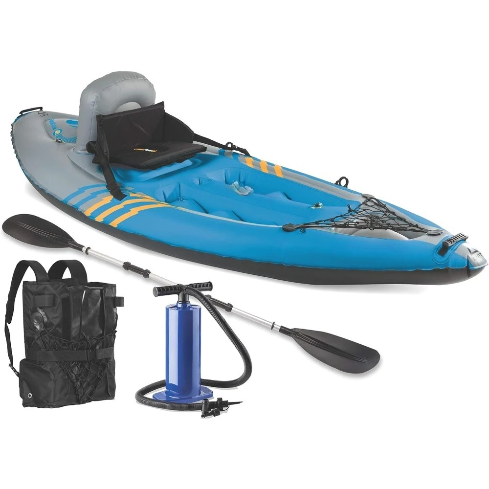 1-Person Inflatable Kayak, Kayak Folds into Backpack with 5-Minute Setup, PVC Construction; Hand Pump & Paddle Included