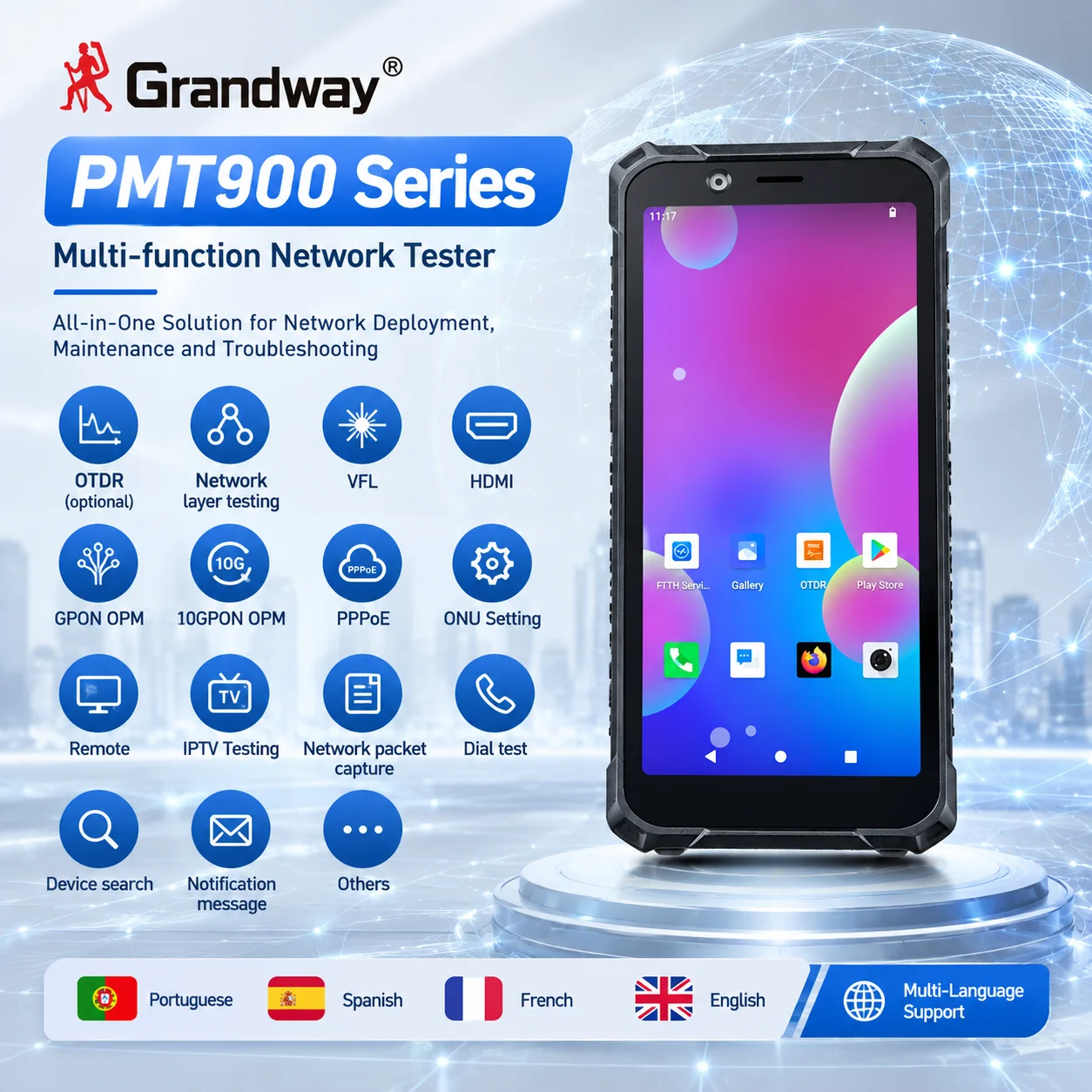 Grandway PMT900 OTDR PDA Handheld Terminal Touch Screen With OPM,VFL,OTDR TV Simulation, Speedtest, Android 13OS Network
