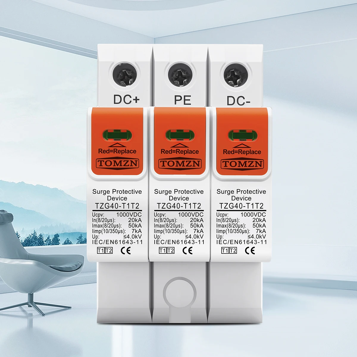 TOMZN T1T2 SPD DC 1000V 1200V 8/20μs 20-50kA 10/350μs 7kA House Surge Protector Protective Low-voltage Arrester Device For PV 6