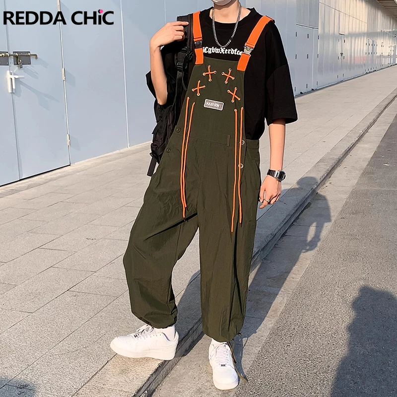 

REDDACHiC Neon Bandage Men Jumpsuit Y2k Drawstring Patchwork Wide Leg Casual Overalls Bib Pants 90s Retro Skater Cargo Workwear